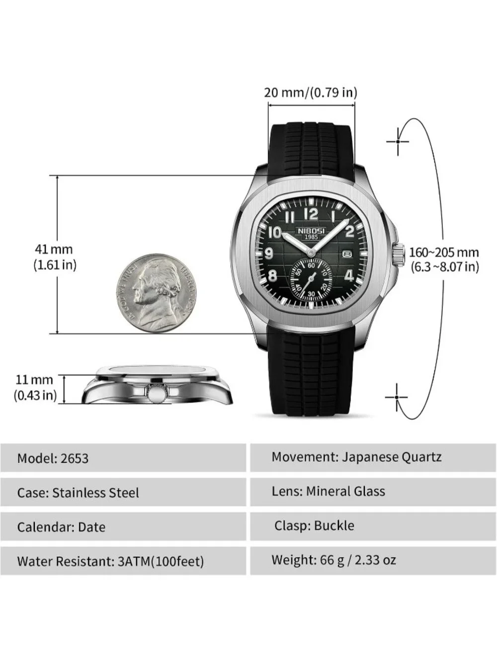 Men's Silver Black Silicone Strap Waterproof Fashion Quartz Classic Wrist Watch